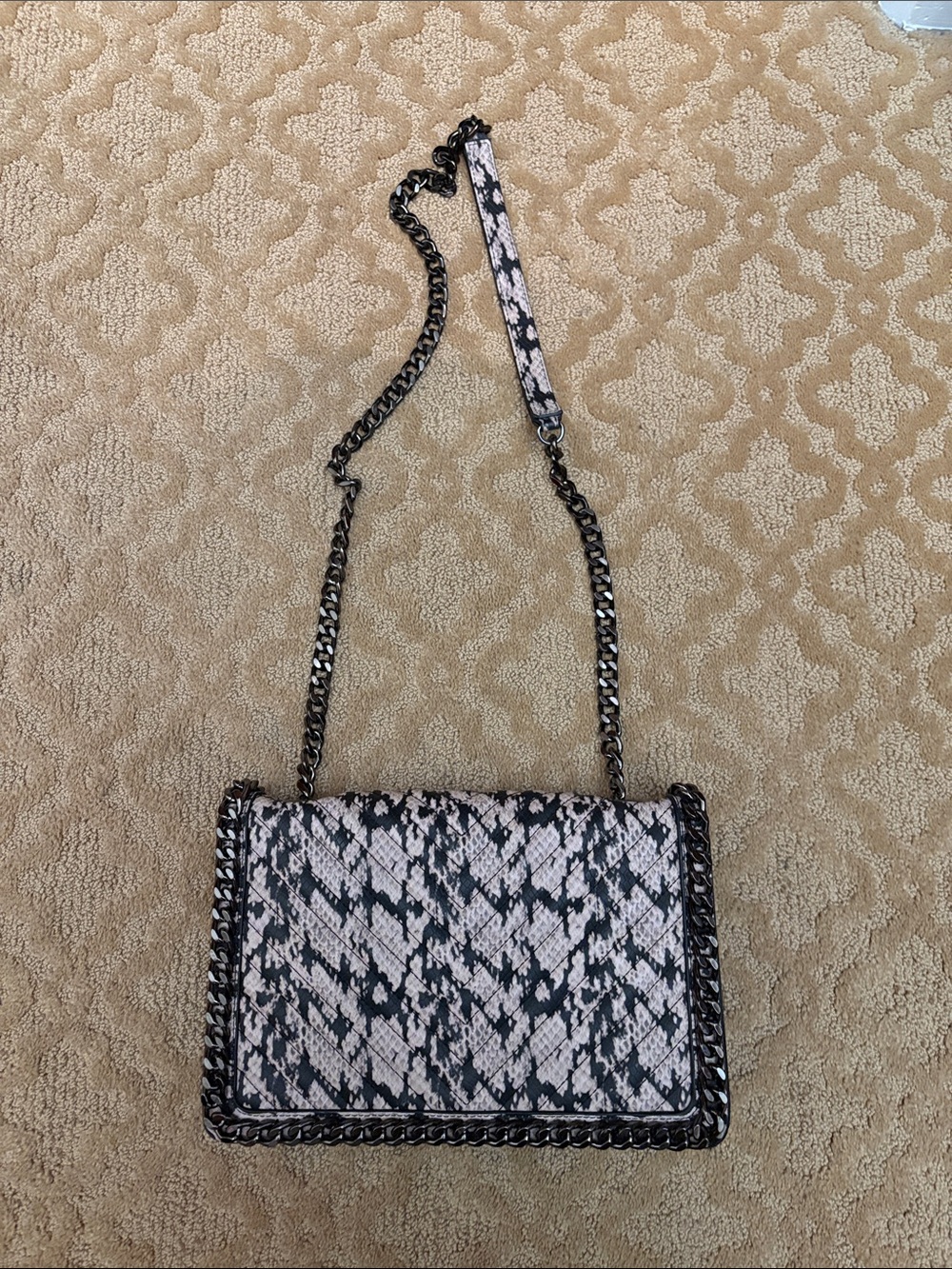 Aldo Black and Cream Snake-Print Chain Shoulder Bag